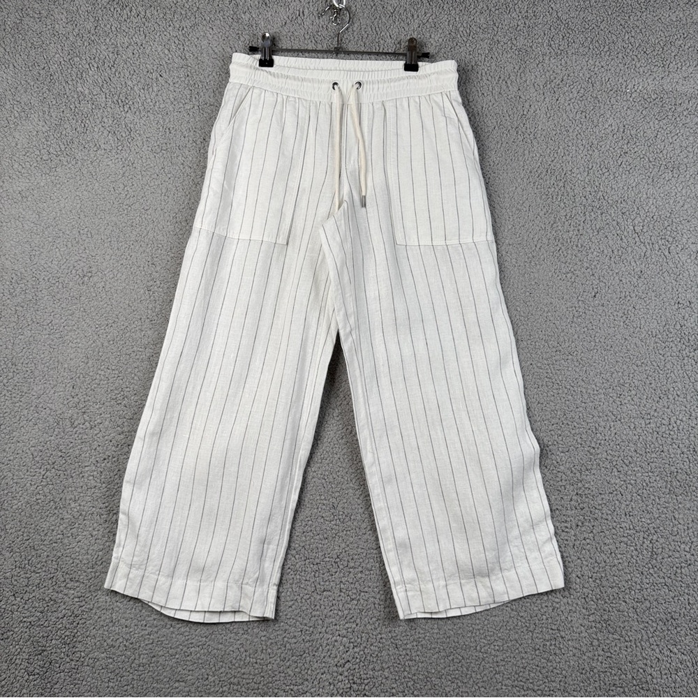 Athleta Pants Womens Size 2 White Striped Bali 100% Linen Crop Pull Wide Leg